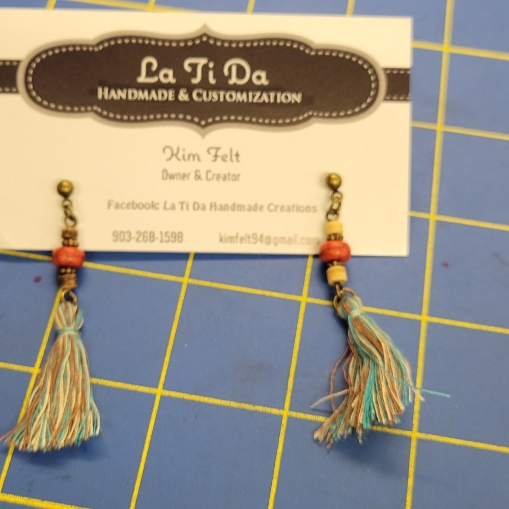 Bronze Metal Tassel Dangle Turquoise Accent 2" Earrings